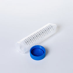 biologix 50ml clear polypropylene non-sterile conical bottom centrifuge tubes with polyethylene flat top screw caps packaged separately. tubes have writing patch and marked graduations. 500/case