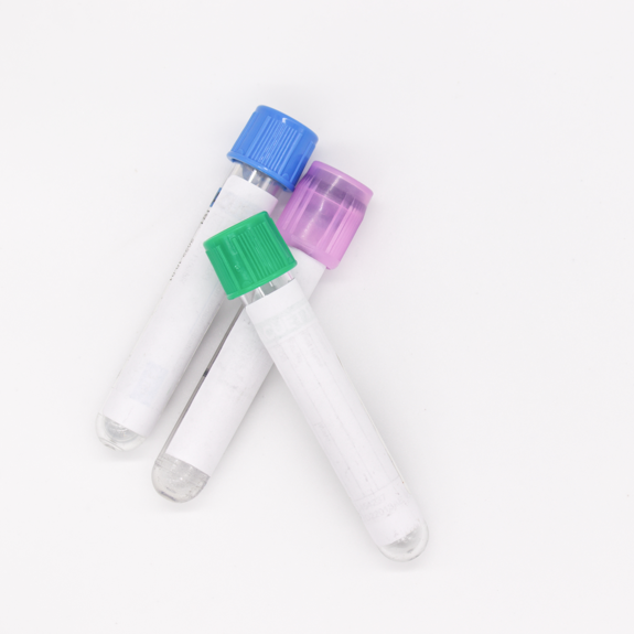 Different types of vacuum blood collection tubes with color-coded caps, used for specific medical testing purposes
