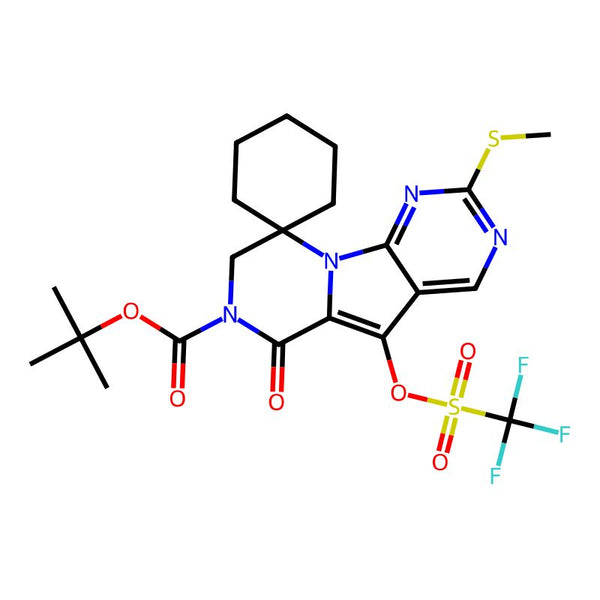 tert-Butyl 2'-(methylthio)-6'-oxo-5'-(((trifluoromethyl)sulfonyl)oxy)-6'H-spiro[cyclohexane-1,9'-pyrazino[1',2':1,5]pyrrolo[2,3-d]pyrimidine]-7'(8'H)-carboxylate|CS-0064725|2170746-98-0