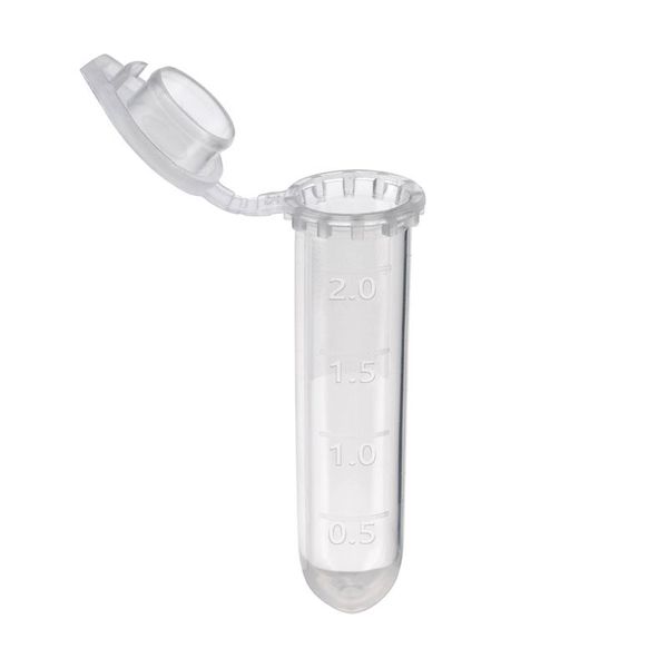 biologix 2.0ml clear polypropylene non-sterile (rnase & dnase free) conical bottom microcentrifuge tubes with attached flat caps. tubes have frosted writing area and marked graduations. 500 tubes/pack|80-0020