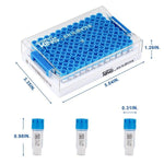 cryoking sbs combo, 0.4ml vials + rack；vial caps: sky blue. dimensions(mm): 128x85x56. sterile. rnase& dnase free, non-pryogenic,working temperature : -196 ℃--120 ℃，96 vials/1 sets/bag ,10 bags/pack|89-5041