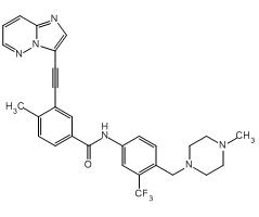 Ponatinib, 99%, a potent, orally available multi-targeted kinase inhibitor with IC50s of 0.37 nM, 1.1 nM, 1.5 nM, 2.2 nM, and 5.4 nM for Abl, PDGFRα, VEGFR2, FGFR1, and Src, respectively|1239124|943319-70-8