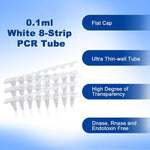 biologix 0.1ml clear polypropylene non-sterile conical bottom (thin wall) pcr tubes with flat top caps.  tubes & caps come in strips of 8.  white color,125 strips/pack, 10 packs/case|60-1088W