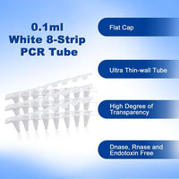 biologix 0.1ml clear polypropylene non-sterile conical bottom (thin wall) pcr tubes with flat top caps.  tubes & caps come in strips of 8.  white color,125 strips/pack, 10 packs/case|60-1088W