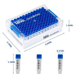 cryoking sbs combo, 0.75ml vials + rack；vial caps: biologix blue. dimensions(mm): 128x85x56. sterile. rnase& dnase free, non-pryogenic,working temperature : -196 ℃--120 ℃，96 vials/1 sets/bag ,10 bags/|89-5083