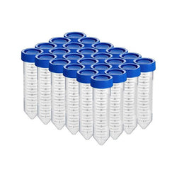 biologix 50ml clear polypropylene sterile conical bottom centrifuge tubes with polyethylene flat top screw caps assembled. tubes have writing patch and marked graduations. 25 tubes/pack, 20 packs/case|10-9502