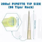 biologix 200μl yellow polypropylene sterile (rnase & dnase free) autoclavable pipet tips.  pipet tips have molded graduations. tips come loaded into 96 well racks. 96 tips/rack, 100 racks/case|21-0200