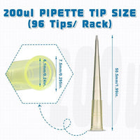 biologix 200μl yellow polypropylene sterile (rnase & dnase free) autoclavable pipet tips.  pipet tips have molded graduations. tips come loaded into 96 well racks. 96 tips/rack, 100 racks/case|21-0200