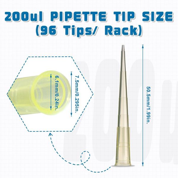 biologix 200μl yellow polypropylene sterile (rnase & dnase free) autoclavable pipet tips.  pipet tips have molded graduations. tips come loaded into 96 well racks. 96 tips/rack, 100 racks/case|21-0200
