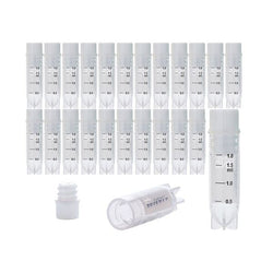 cryoking 2.0ml clear polypropylene sterile cryovials with internal thread and white caps assembled.  cryovials have writing patch and marked graduations. 25 cryovials/bag, 20 bags/pack, 2 packs/case|88-6210