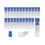 cryoking 2.0ml clear polypropylene sterile cryovials with internal thread and blue caps assembled.  cryovials have writing patch and marked graduations. 25 cryovials/bag, 20 bags/pack, 2 packs/case, w|88-6213
