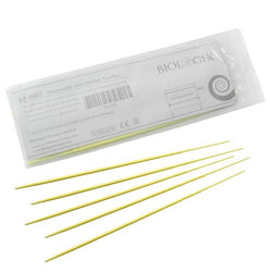 biologix yellow polystyrene sterile inoculating needles.  features an ultra-smooth surface.  packed in a sterile zip-seal bag. 25 needles/pack, 40 packs/case|65-0002