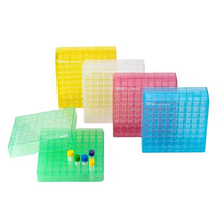 biologix 2 inch 81 well polypropylene freezer box (dimensions: 132x132x53mm) with removable lid. boxes/lids have numeric grid for identification purposes. boxes come in assorted colors (clear, pink, b|90-9081