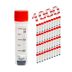 cryoking 1.5ml clear polypropylene sterile cryovials with external thread and red caps assembled.  cryovials come with 2d code on the bottom, side barcode and marked graduations.  25 cryovials/bag, 20|88-9151