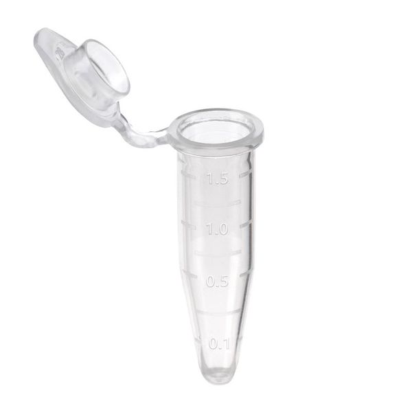 biologix 1.5ml clear polypropylene non-sterile (rnase & dnase free) conical bottom microcentrifuge tubes with attached flat caps. tubes have frosted writing area and marked graduations. 500 tubes/pack|80-1500