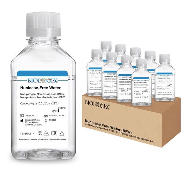 Nuclease-Free Water，pyrogen、nuclease、protease、bacteria free, and DEPC-free.500mL/ Bottle, 10 Bottles/Case|NFW-500