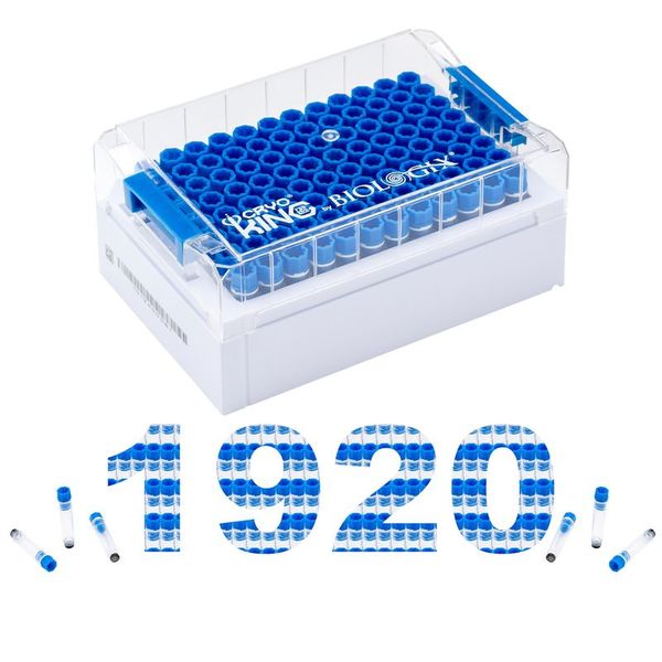 cryoking 750ul sbs format screw top minitubes with blue caps. vials come loaded into a barcoded 96-well rack with square wells to eliminate slip. the internally threaded cryovials feature 2d barcodes|89-4283