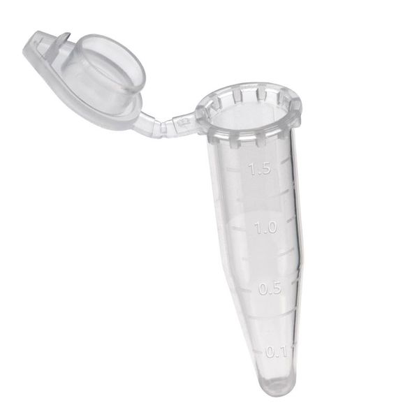 biologix 1.5ml clear polypropylene non-sterile (rnase & dnase free) conical bottom microcentrifuge tubes with safe lock cap . tubes have frosted writing area and marked graduations. 500 tubes/pack, 10|80-0015