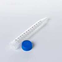 biologix 15ml clear polypropylene non-sterile conical bottom centrifuge tubes with polyethylene flat top screw caps packaged separately. tubes have writing patch and marked graduations. 500/case