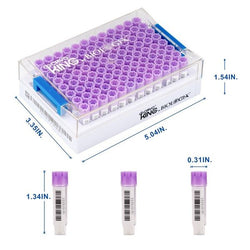 cryoking sbs combo, 0.75ml vials + rack；vial caps:lavender purple. dimensions(mm): 128x85x56. sterile. rnase& dnase free, non-pryogenic,working temperature : -196 ℃--120 ℃，96 vials/1 sets/bag ,10 bags|89-5085