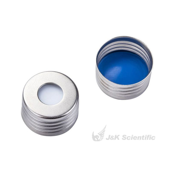 Magnetic screw cap for headspace vials, 18 mm, silver, open, metallic, blue PTFE/white silicone septum, center hole 8 mm|975320