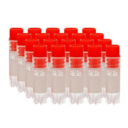 cryoking 2.0ml clear polypropylene sterile cryovials with internal thread and red caps assembled.  cryovials have writing patch and marked graduations. 25 cryovials/bag, 20 bags/pack, 2 packs/case, pr|88-3211