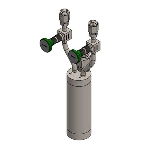 Stainless steel bubbler, 150ml, vertical, electropolished with fill-port, high temp valves (315°C), with short dip tube, cut to 1 inch from top of bubbler|94-0276