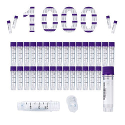 cryoking 1.5ml clear polypropylene sterile cryovials with external thread and pueple caps assembled.  cryovials have writing patch and marked graduations.   25 cryovials/bag, 20 bags/pack, 2 packs/cas|88-6155