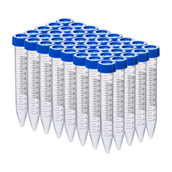 biologix 15ml clear polypropylene sterile conical bottom centrifuge tubes with plug-seal screw caps assembled. tubes have writing patch and marked graduations. tubes come loaded into rack. 50 tubes/ra