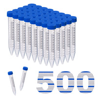 biologix 15ml clear polypropylene sterile conical bottom centrifuge tubes with polyethylene flat top screw caps assembled. tubes have writing patch and marked graduations. 25 tubes/pack, 20 packs/case