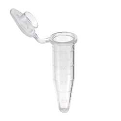 biologix 1.5ml clear polypropylene non-sterile (rnase & dnase free) conical bottom microcentrifuge tubes with attached flat caps. tubes have frosted writing area and marked graduations. 500 tubes/pack