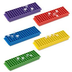 biologix 80 well polypropylene assorted color (red, blue, purple, green and yellow) microtube racks (for use with 1.5ml or 2.0ml microtubes). racks have molded numeric grid for identification purposes