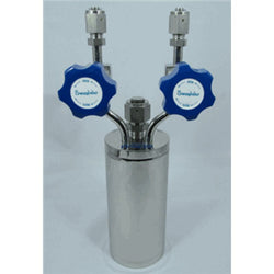 Stainless steel bubbler, 600ml, vertical, electropolished with fill-port, high temp valves (315°C) with rotated handles, no dip tube, stems same height|96-4610