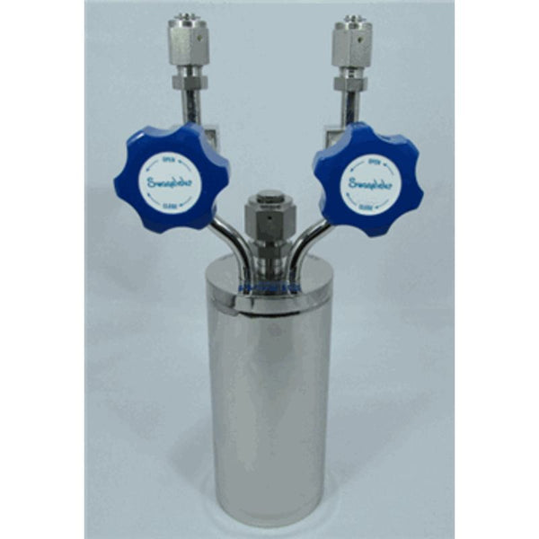 Stainless steel bubbler, 600ml, vertical, electropolished with fill-port, high temp valves (315°C) with rotated handles, no dip tube, stems same height|96-4610