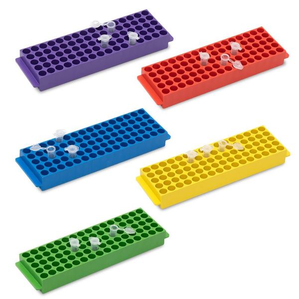 biologix 80 well polypropylene assorted color (red, blue, purple, green and yellow) microtube racks (for use with 1.5ml or 2.0ml microtubes). racks have molded numeric grid for identification purposes|90-8009
