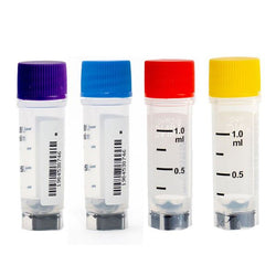 cryoking 1.0ml cryogenic vials, pp, external thread, with 2d barcoded+ side code, self-standing,pp; autoclavable;white caps; gamma radiation steriled, dnase & rnase free, endotoxin free, foreign dna f|88-9100