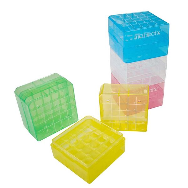 biologix 2 inch 25 well polypropylene freezer box (dimensions: 75x75x52mm) with removable lid. boxes/lids have numeric grid for identification purposes. boxes come in assorted colors (clear, pink, blu|90-9025