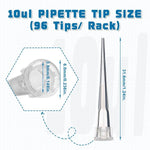 biologix 10μl clear polypropylene sterile (rnase & dnase free) autoclavable pipet tips.  pipet tips have molded graduations. tips come loaded into 96 well racks. 96 tips/rack, 100 racks/case|21-0010