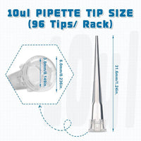 biologix 10μl clear polypropylene sterile (rnase & dnase free) autoclavable pipet tips.  pipet tips have molded graduations. tips come loaded into 96 well racks. 96 tips/rack, 100 racks/case|21-0010