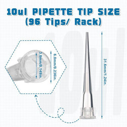 biologix 10μl clear polypropylene sterile (rnase & dnase free) autoclavable pipet tips.  pipet tips have molded graduations. tips come loaded into 96 well racks. 96 tips/rack, 100 racks/case|21-0010