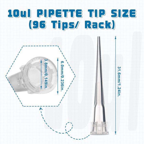 biologix 10μl clear polypropylene sterile (rnase & dnase free) autoclavable pipet tips.  pipet tips have molded graduations. tips come loaded into 96 well racks. 96 tips/rack, 100 racks/case|21-0010