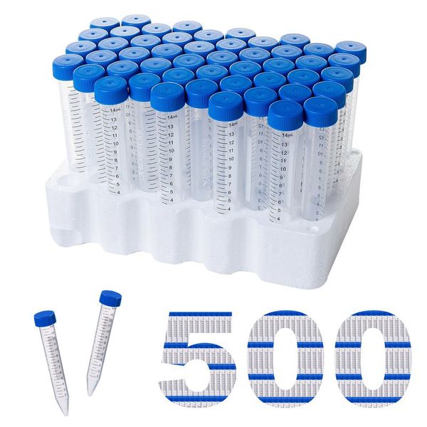 biologix 15ml clear polypropylene sterile conical bottom centrifuge tubes with polyethylene flat top screw caps assembled. tubes have writing patch and marked graduations. tubes come loaded into rack.|10-9151