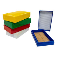 biologix 25-place (5.5x3.75x1.25”) assorted color (red, yellow, green, blue and white) non-sterile abs material slide storage box with cork lining for use with 1” and 3” microscope slides.  comes with|41-6025