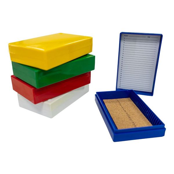 biologix 25-place (5.5x3.75x1.25”) assorted color (red, yellow, green, blue and white) non-sterile abs material slide storage box with cork lining for use with 1” and 3” microscope slides.  comes with|41-6025