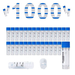 cryoking 1.0ml clear polypropylene sterile cryovials with external thread and blue caps assembled.  cryovials have writing patch and marked graduations.  25 cryovials/bag, 20 bags/pack, 2 packs/case|88-6103