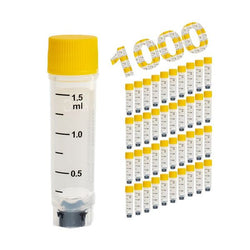 cryoking 1.5ml clear polypropylene sterile cryovials with external thread and yellow caps assembled.  cryovials come with 2d code on the bottom, side barcode and marked graduations.  25 cryovials/bag|88-9154