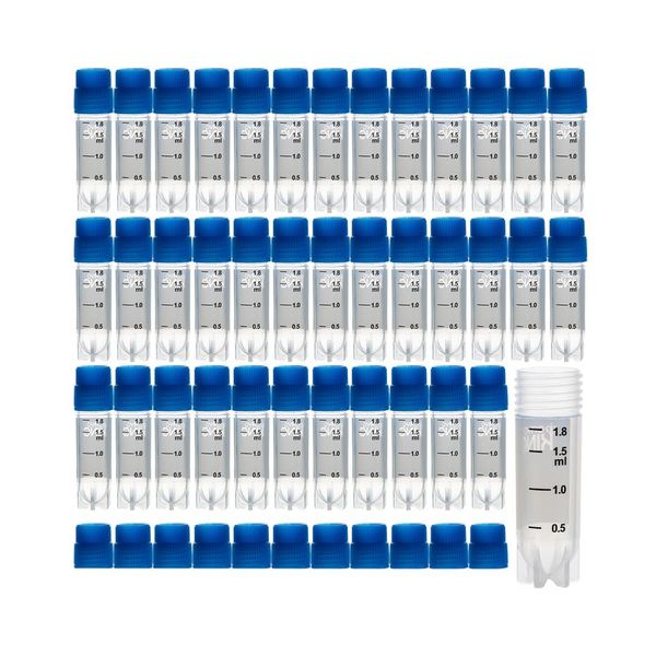 cryoking 2.0ml clear polypropylene sterile cryovials with external thread and blue caps assembled.  cryovials have writing patch and marked graduations. 25 cryovials/bag, 20 bags/pack, 2 packs/case, p|88-3203S