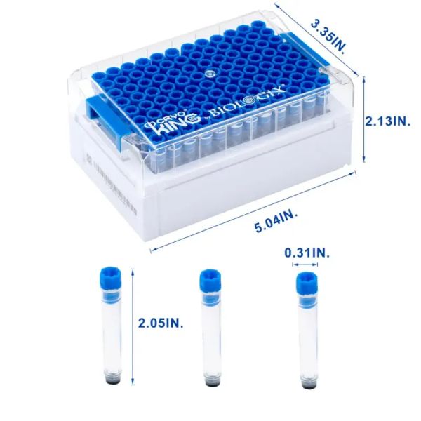 cryoking 1.0ml sbs format screw top minitubes with blue caps. vials come loaded into a barcoded 96-well rack with square wells to eliminate slip. the internally threaded cryovials feature 2d barcodes|89-4213