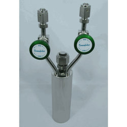 Stainless steel bubbler, 200ml, vertical, electropolished with fill-port, high temp valves (315°C) with rotated handles, DOT 4B|95-4157