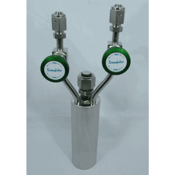 Stainless steel bubbler, 200ml, vertical, electropolished with fill-port, high temp valves (315°C) with rotated handles, DOT 4B|95-4157